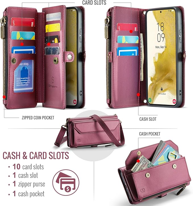 Strapurs Crossbody Wallet Case Compatible with Samsung Galaxy S22 Plus RFID Blocking Card Holder Soft PU Leather Magnetic Snap Strap Zipper Pocket Phone Case Fit for Galaxy S22+/ S22 Plus - Wine Red