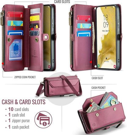 Strapurs Crossbody Wallet Case Compatible with Samsung Galaxy S22 Plus RFID Blocking Card Holder Soft PU Leather Magnetic Snap Strap Zipper Pocket Phone Case Fit for Galaxy S22+/ S22 Plus - Wine Red