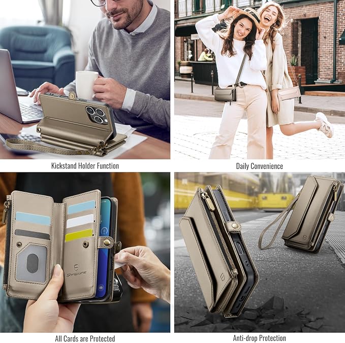 Strapurs Wallet Case Compatible with iPhone 16 Pro 6.3" RFID Blocking 10-Card Holder PU Leather Magnetic Snap Shoulder Strap Zipper Pocket Phone Case Fit for iPhone 16 Pro for Women - Desert Titanium