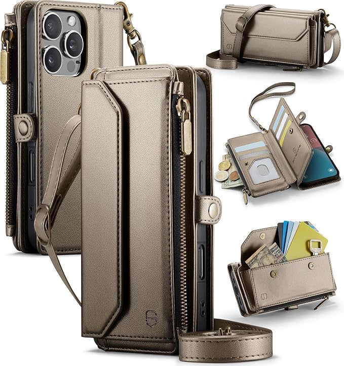 Strapurs Wallet Case Compatible with iPhone 16 Pro 6.3" RFID Blocking 10-Card Holder PU Leather Magnetic Snap Shoulder Strap Zipper Pocket Phone Case Fit for iPhone 16 Pro for Women - Desert Titanium
