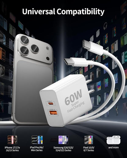 3 Pack 60W USB C Fast Charger for iPhone 17/17 Pro Max/Air/17e/16/16 Pro/15/15 Pro Max/Plus, iPad Pro 13/12.9/11 inch, Air 5/4, Mini 6/5, 60W Type C Wall Charger Fast Charging Block + 3FT USB C Cable