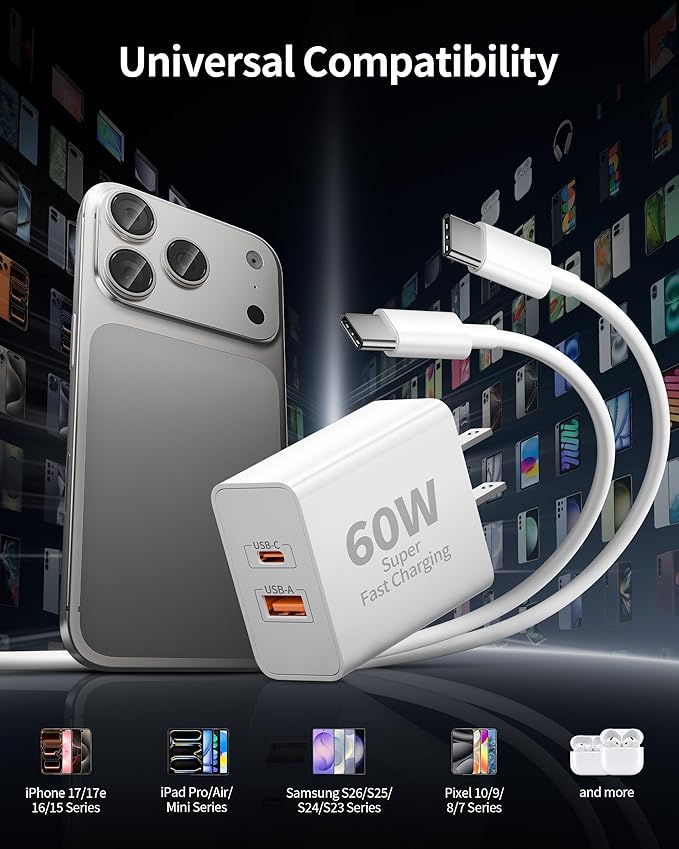 iPhone 17 16 15 Pro Max Charger Fast Charging, 3 Pack 60W Dual Port USB C Wall Charger Block with 10FT Long Type C Charging Cable Cord for iPhone 17/17 Pro Max/17e/16/15/Pro/Plus, iPad Pro 13/12.9/11