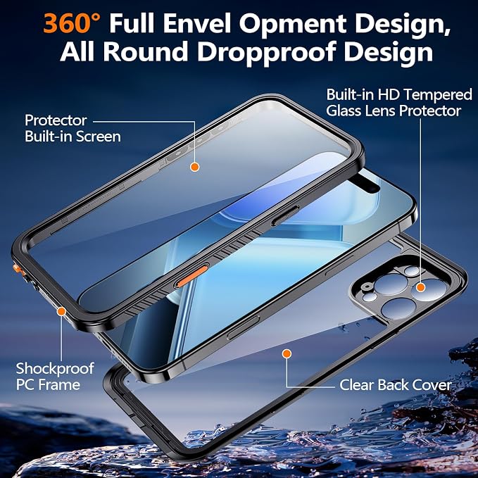 xiwxi for iPhone 16 Pro Case Waterproof,[IP68 Underwater][Built-in Screen Protector & Camera Protector][15FT Military Dropproof][Dustproof] Full Body Shockproof Protective Phone Case 6.3" Black