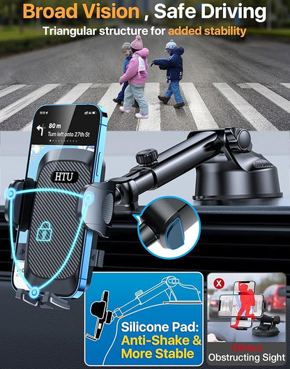 HTU 2026 Ultimate Best【True Military-Grade & Safety Cert】 Universal Cell Phone Holder Truck Car Mount for Dashboard Windshield Air Vent for iPhone 17 16 Pro Max 15 Samsung 2pcs,Black
