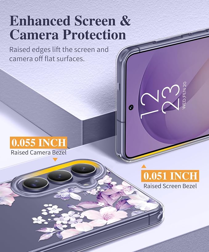 GVIEWIN for Samsung Galaxy S26 Plus Case, Clear Floral Slim Shockproof Protective Women Phone Case, Non-Yellowing, with Screen Protector&Camera Lens Protector for S26 Plus 6.7", Foliolosa/Purple