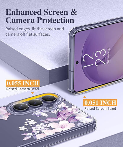 GVIEWIN for Samsung Galaxy S26 Plus Case, Clear Floral Slim Shockproof Protective Women Phone Case, Non-Yellowing, with Screen Protector&Camera Lens Protector for S26 Plus 6.7", Foliolosa/Purple
