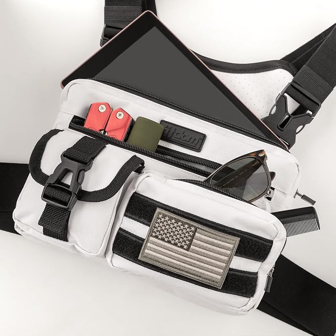 Fitdom Tactical Inspired Lightweight Running Chest Pack For Men With Built-In Phone Holder. A Sports Utility Rig Vest Made For Workouts And Outdoor