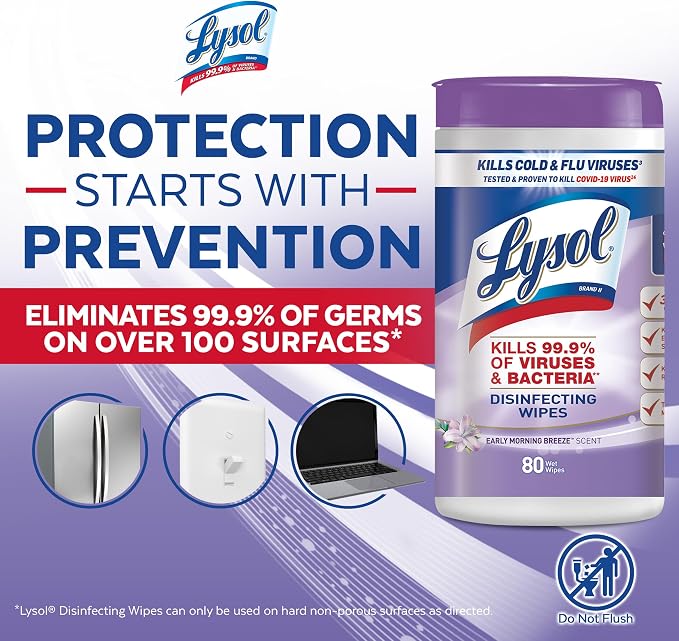 Lysol Disinfectant Wipes, Multi-Surface Antibacterial Cleaning Wipes, Dorm Room Essentials For Disinfecting and Cleaning, Early Morning Breeze, 80 Count (Pack of 1)