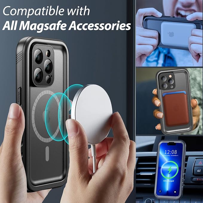 SPORTLINK for iPhone 13 Pro Case Waterproof - Buit in Screen Protector [Compatible with MagSafe][IP68 Underwater][6.6FT Military Dropproof][Dustproof] Full Body Shockproof Case 6.1" Black