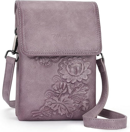 Small Crossbody Bags for Women Trendy Vegan Leather Cell Phone Bag Embossed Flower Design Wallet Purses with Strap