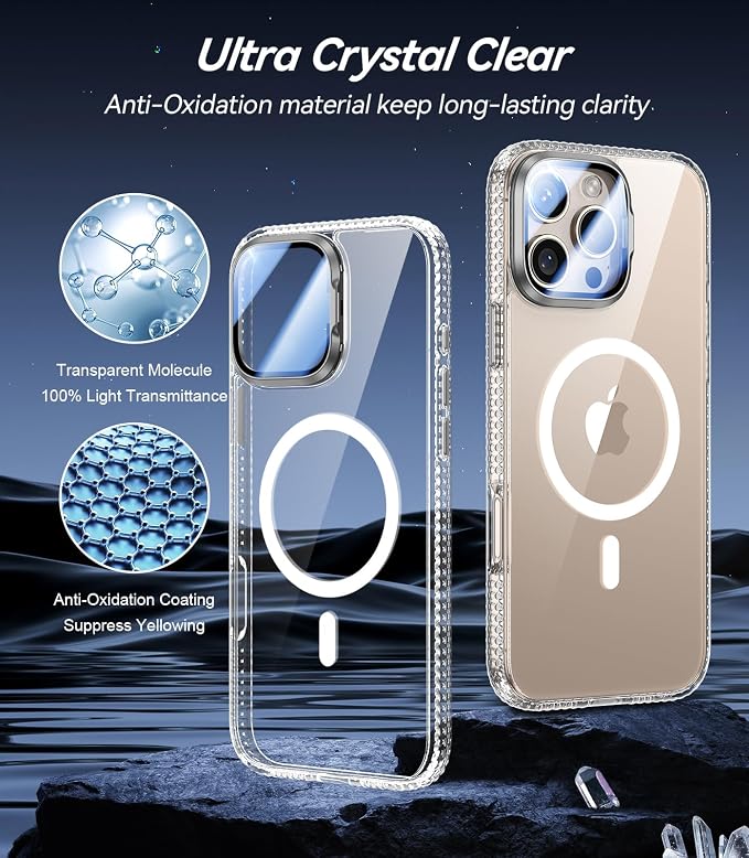 [Upgraded] for iPhone 16 Pro Max Case with Camera Cover Stand [Fit for MagSafe][9H Camera Lens Protector] Mil-Grade Protection Transparent Magnetic iPhone 16 Pro Max Phone Case, Clear
