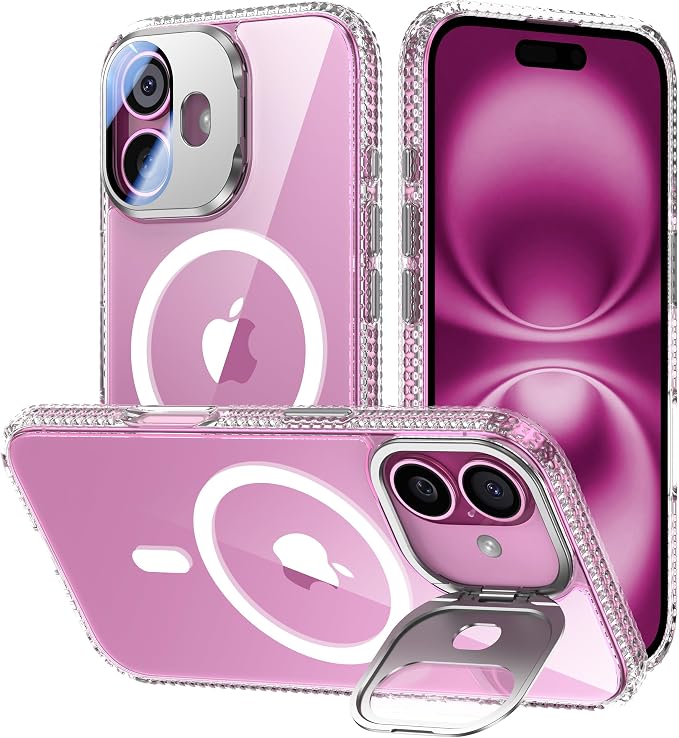 [Upgraded] for iPhone 16 Case with Camera Cover Stand [Fit for MagSafe][9H Camera Lens Protector] Mil-Grade Protection Transparent Magnetic iPhone 16 Phone Case, Clear