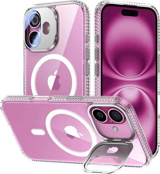 [Upgraded] for iPhone 16 Case with Camera Cover Stand [Fit for MagSafe][9H Camera Lens Protector] Mil-Grade Protection Transparent Magnetic iPhone 16 Phone Case, Clear
