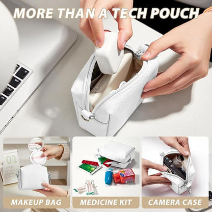 Small Tech Pouch, Waterproof Electronics Travel Case with Carabiner, Compact Cable Organizer Bags & Cases for Chargers, Power Banks, Hard Drives, Earbuds, Cords and Digital Accessories (White)