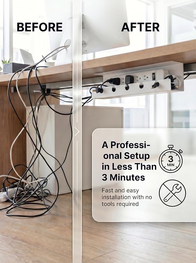 Under Desk Cable Management Tray No Drill, Cord Organizer for Desk, Wire Organizer, Cable Tray for Home Office Standing Desk, Wire Managment, Cord Hider, Set of 2 pcs (White)
