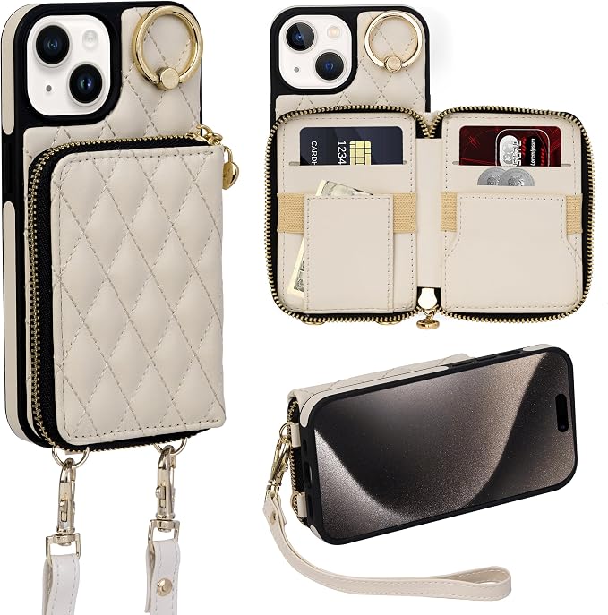 Keallce Case for iPhone 15 6.1'' Wallet Case, Crossbody Zipper Purse with Wrist Strap Lanyard Handbag for Women, RFID Blocking Card Holders, 360° Ring Kickstand Flip Leather Cover for iPhone 15, Beige
