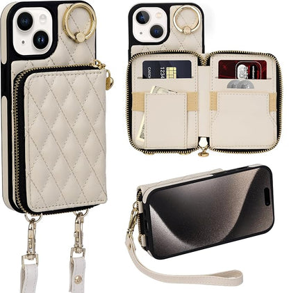 Keallce Case for iPhone 15 6.1'' Wallet Case, Crossbody Zipper Purse with Wrist Strap Lanyard Handbag for Women, RFID Blocking Card Holders, 360° Ring Kickstand Flip Leather Cover for iPhone 15, Beige