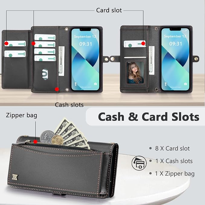 Wallet Case for iPhone 13 with Card Holder/Crossbody Wallet/Strap| RFID Blocking | Magnetic | Kickstand | Detachable | PU Leather Phone Case for iPhone 13,6.1 in,Black