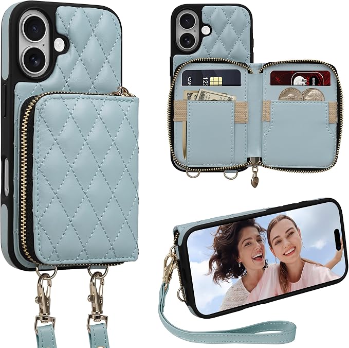 Keallce Case for iPhone 17 6.3'' Wallet Case, Crossbody Zipper Purse with Wrist Strap Lanyard Handbag, RFID Blocking Card Holders, Kickstand Flip Leather Cover for iPhone 17, Blue