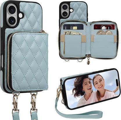 Keallce Case for iPhone 17 6.3'' Wallet Case, Crossbody Zipper Purse with Wrist Strap Lanyard Handbag, RFID Blocking Card Holders, Kickstand Flip Leather Cover for iPhone 17, Blue