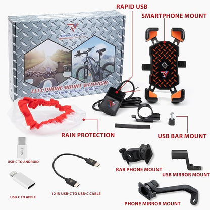 Motorcycle Phone Mount with USB Charger (3.25–7") – Waterproof Cell Phone Holder for Motorcycle, ATV, Snowmobile – 12V Dual USB-C Fast Charging – Includes Mirror Mount & Rain Cover