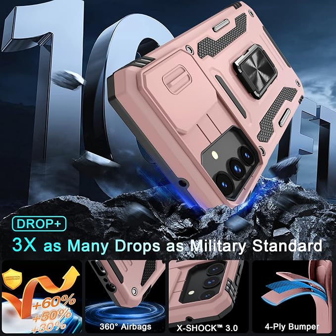DEERLAMN Case for Samsung Galaxy A15 5G with Slide Camera Cover+Screen Protector (1 Pack), Rotated Ring Kickstand Military Grade Shockproof Protective Cover-Rose Gold