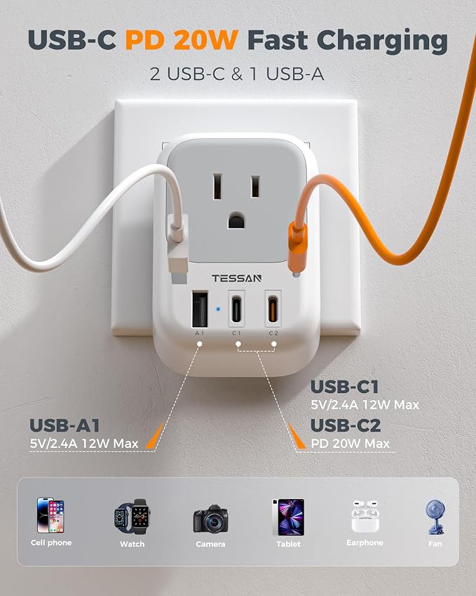 TESSAN 2 Pack European Travel Plug Adapter PD 20W, 3 USB Ports (2 USB C) | 4 American Outlets, No Voltage Conversion, Type C Plug Adapter, for Europe EU Euro Italy Spain France Greece Iceland Germany