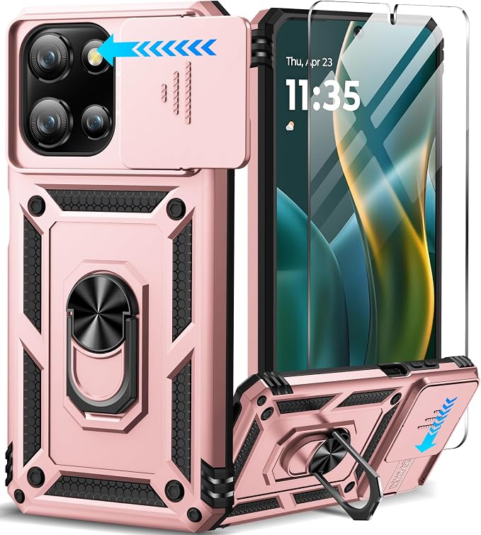 Taisairu for Motorola Moto G 2025/G 2026/G Play 2026 Case with Screen Protector & Slide Camera Lens Cover, Built-in Ring Stand Case for Moto G 2026/G 2025/G Play 2026 (Rose Gold)
