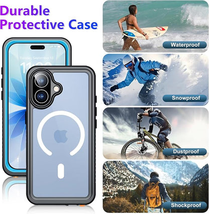 Temdan Magnetic Compatible with iPhone 17 Case,Waterproof Built-in Screen & Camera Protector IP68 Underwater Full Body 17FT Military Dropproof Shockproof Phone Case 6.3"-Mag/Blue
