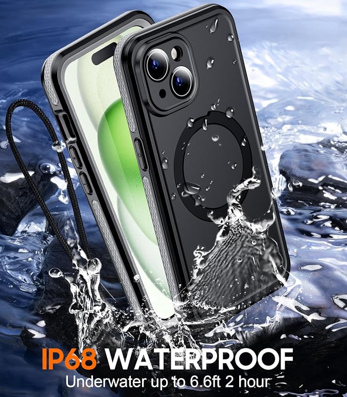 Temdan Magnetic for iPhone 15 Case Waterproof, [Built-in Ring Invisible Stand & Screen Protector][IP68 Underwater][Dropproof][Dustproof][Real 360] Shockproof Protective Phone Case 6.1'' -Gray