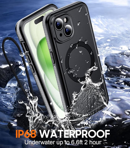 Temdan Magnetic for iPhone 15 Case Waterproof, [Built-in Ring Invisible Stand & Screen Protector][IP68 Underwater][Dropproof][Dustproof][Real 360] Shockproof Protective Phone Case 6.1'' -Gray
