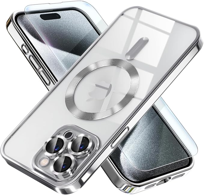 Misea Magnetic for iPhone 15 Pro Max Case with MagSafe [Never Yellowing] [Military Grade Drop Protection] Full Camera Lens Protector Plating Soft Clear Phone Case for Women Girls, Silver