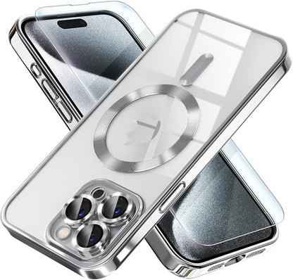 Misea Magnetic for iPhone 15 Pro Max Case with MagSafe [Never Yellowing] [Military Grade Drop Protection] Full Camera Lens Protector Plating Soft Clear Phone Case for Women Girls, Silver