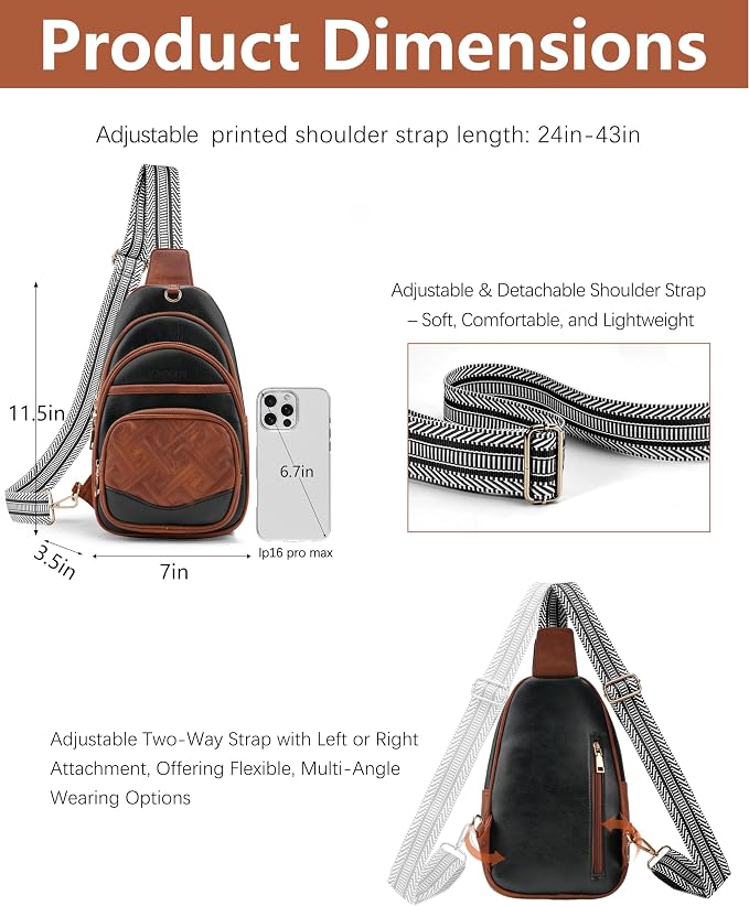 Anti Theft Crossbody Bags for Women, RFID Vegan Leather Sling Purse for Travel, Chest Bag, Cross Body Purses & Fanny Packs(Brown＆Black) | Multi-Pocket, 8 RFID Card Slots, Structured bag, Quilted Design
