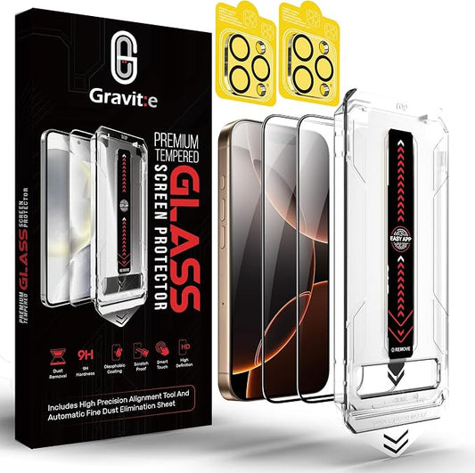 Gravit:e Screen Protector for iPhone, 9H Tempered Glass, Smart Installation Tool, Automatic Fine Dust Removal and Camera Protector 2 Pack (iPhone 16Pro)