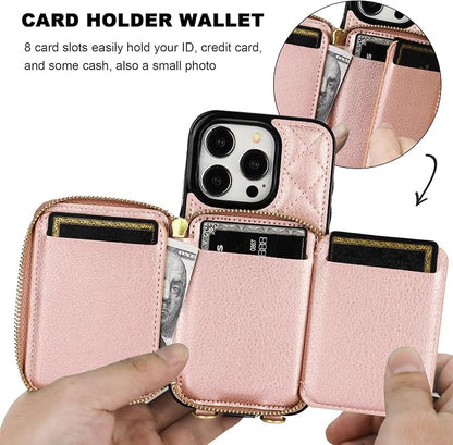 Bocasal Crossbody Wallet Case for iPhone 15 Pro, RFID Blocking PU Leather Zipper Handbag Purse Flip Cover, Kickstand Folio Case with Card Slots Holder Wrist Strap Lanyard 5G 6.1 Inch (Rose Gold)