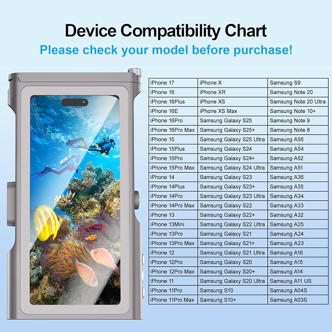 Beasyjoy Underwater Snorkeling Diving Phone Case for iPhone 16/15/14/13 Pro Max Samsung Galaxy S25/S24/S23 Ultra, Waterproof Professional Scuba Dive Case for Underwater Photo & Video, Gray