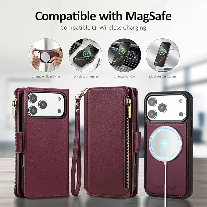 Antsturdy Compatible with Magsafe Magnetic 2 in 1 Detachable iPhone 17 Pro Wallet Case with Credit Card Holder Slots,PU Leather RFID Blocking Phone Cover Wrist Strap Zipper Women Men,Wine Red