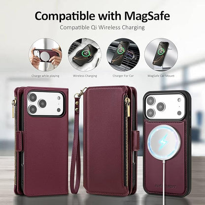 Antsturdy Compatible with Magsafe Magnetic 2 in 1 Detachable iPhone 17 Pro Wallet Case with Credit Card Holder Slots,PU Leather RFID Blocking Phone Cover Wrist Strap Zipper Women Men,Wine Red