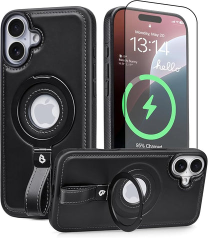 for iPhone 16 Plus Leather Case with Stand, Anti-Slip Grip Ring, Fits for MagSafe (Black, iPhone 16 Plus)