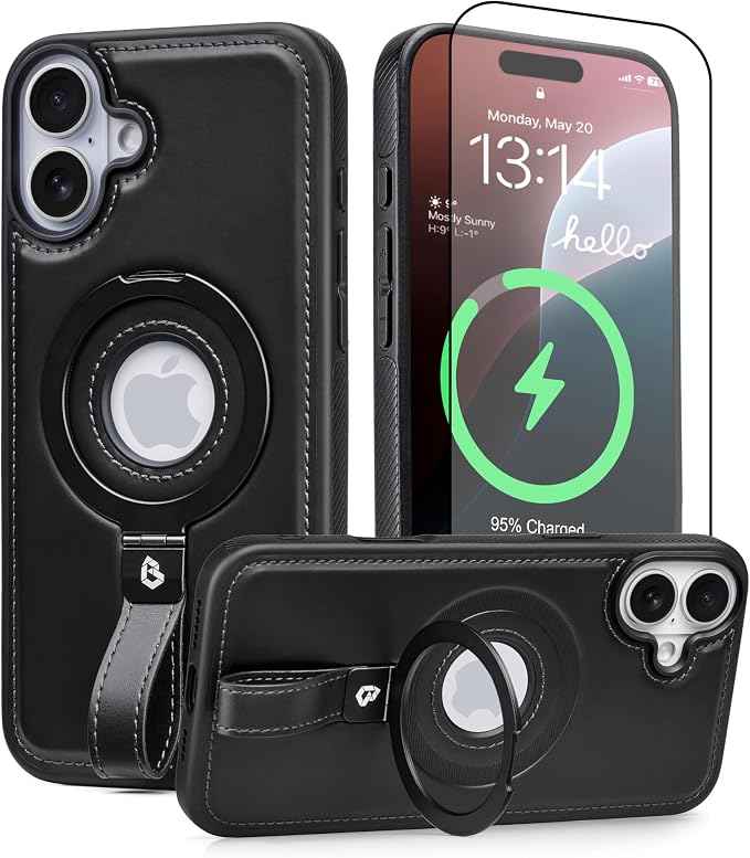 for iPhone 16 Leather Case with Stand, Anti-Slip Grip Ring, Fits for MagSafe (Black, iPhone 16)