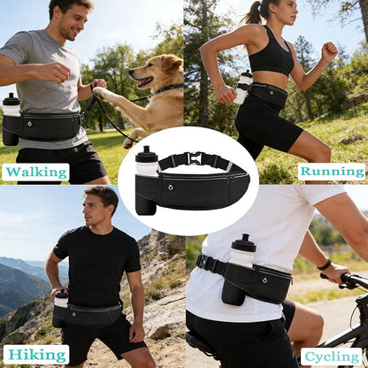 Running Belt with Water Bottle Holder,Large Fanny Pack for Men Women Girls Boys Kids Phone Pouch,Waist Bag Fit Hydration Hiking Runner Workout GYM Sport Travel Walking Slim Flat Bum Bag,Black
