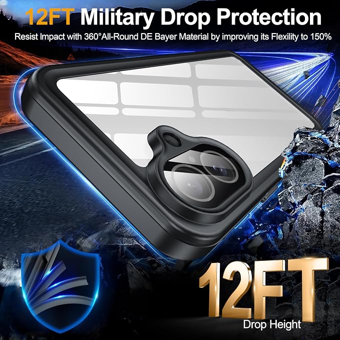 ANTSHARE for iPhone 16 Case, Waterproof Built-in Screen Protector, [12 FT Military Drop Proof] [Full Body Shockproof] [Dustproof] [IP68 Underwater] Phone Case for iPhone 16 6.1''- Black/Clear