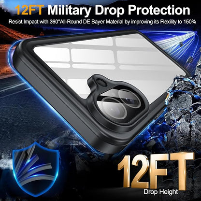 ANTSHARE for iPhone 16 Case, Waterproof Built-in Screen Protector, [12 FT Military Drop Proof] [Full Body Shockproof] [Dustproof] [IP68 Underwater] Phone Case for iPhone 16 6.1''- Black/Clear