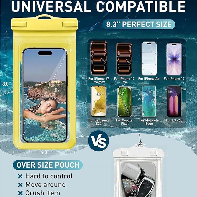 Universal Waterproof Phone Case,with Inside Card, Certified and Lightweight Waterproof Cellphone Pouch Under Water Beach Accessories for iPhone 17 16 15 14 13 Pro Max, 1 Pack-Yellow-8.3″
