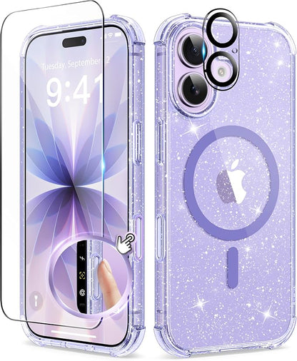 BERFY for iPhone 17 Case for Women, Clear Glitter Shockproof Protective Case, Anti-Yellowing, with Screen Protector & Camera Lens Protector 6.3", Magnetic Sparkle Purple