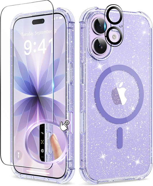 BERFY for iPhone 17 Case for Women, Clear Glitter Shockproof Protective Case, Anti-Yellowing, with Screen Protector & Camera Lens Protector 6.3", Magnetic Sparkle Purple