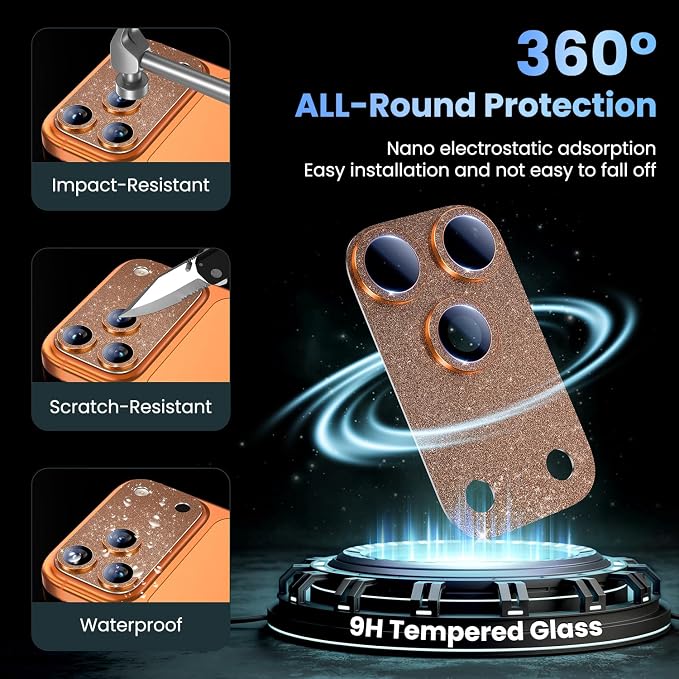 Uyiton for iPhone 17-Pro-Max Camera-Lens Protector: Bling [Not Easy to Break][Strong Adsorption][Case-Friendly] Metal Tempered Glass Rear Camera Screen Cover - Glitter Orange