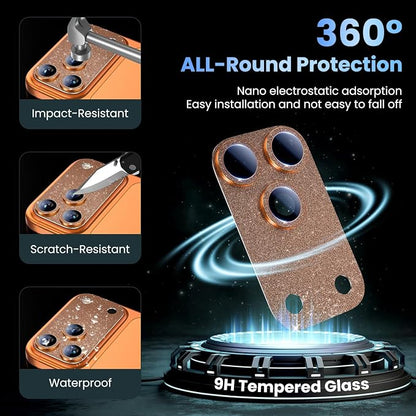 Uyiton for iPhone 17-Pro-Max Camera-Lens Protector: Bling [Not Easy to Break][Strong Adsorption][Case-Friendly] Metal Tempered Glass Rear Camera Screen Cover - Glitter Orange