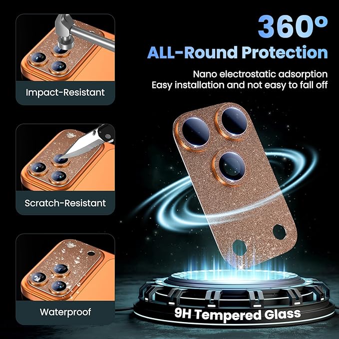 Uyiton for iPhone 17-Pro Camera-Lens Protector: Bling [Not Easy to Break][Strong Adsorption][Case-Friendly] Metal Tempered Glass Rear Camera Screen Cover - Glitter Orange